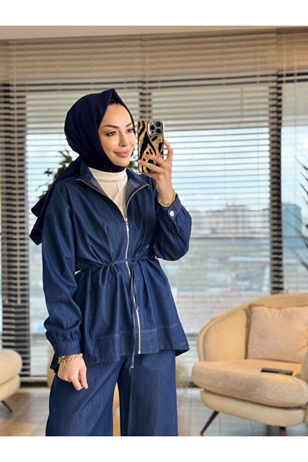 7428 بدلة تينسل بسحاب أمامي باللون الأزرق الداكن