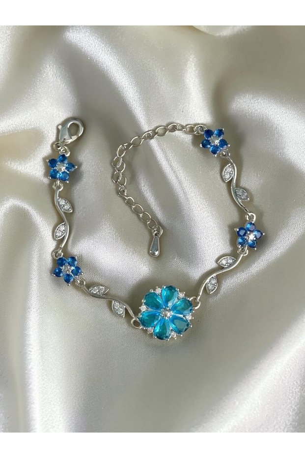 Silver Color Blue Flower Vip Steel Bracelet
