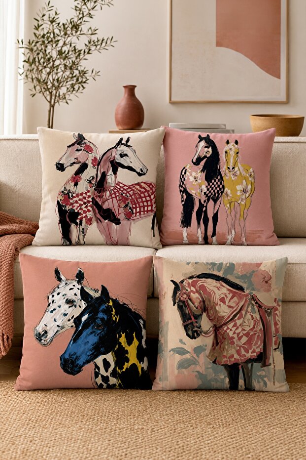 Pastel Drawing Horses Patterned 4-Piece Throw Pillow Cover Set