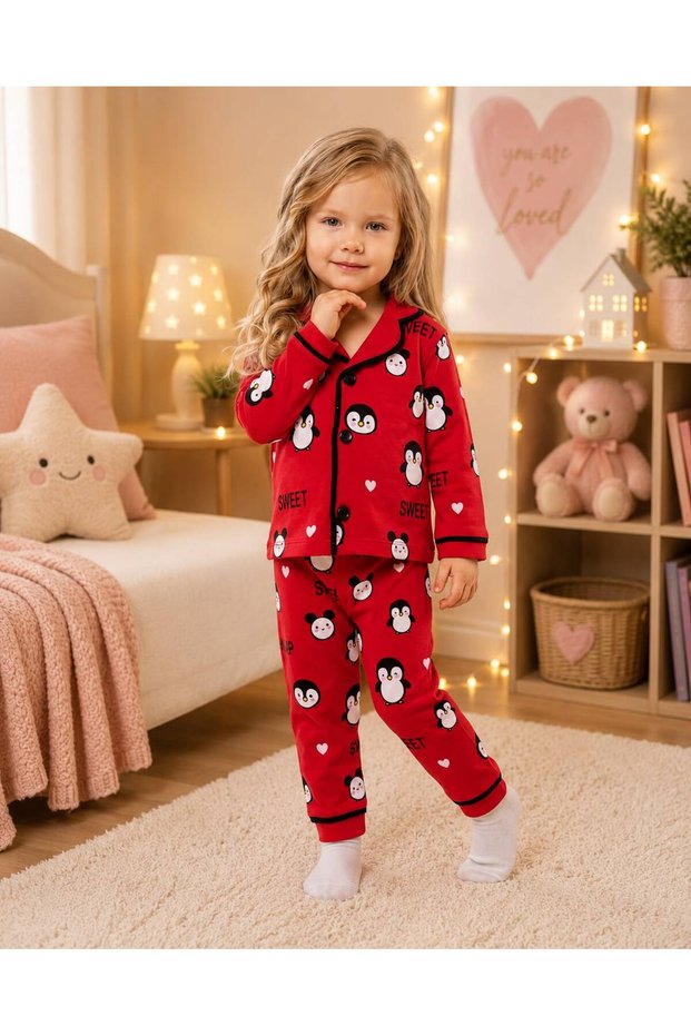 100% Cotton Long Sleeve Buttoned Seasonal Cute Penguin Patterned Soft Textured Bottom Top Girls Boys Unisex Baby Pajama Set