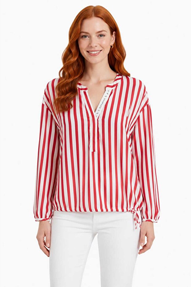Women's Red White Striped Relaxed Fit Long Sleeve Blouse