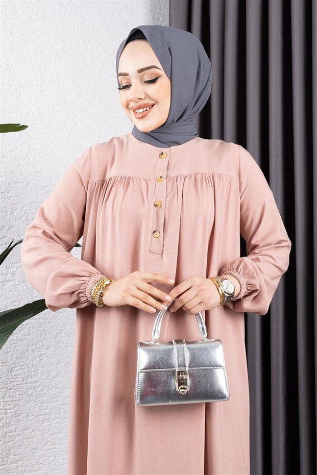 Half Buttoned Viscose Dress Pudra