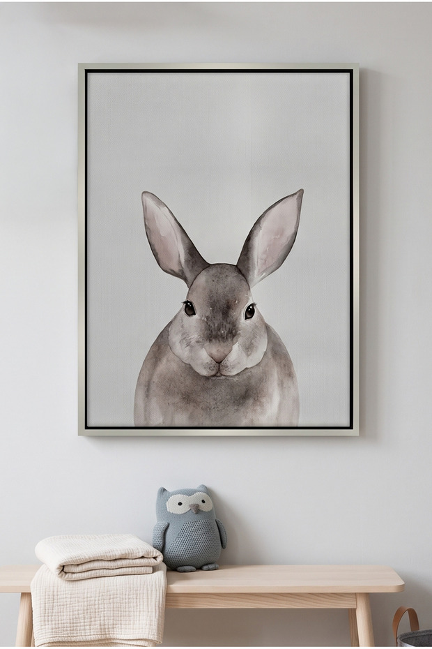 Watercolor Rabbit Kids Wall Art | Portrait Framed Canvas Print | Luxury Modern Decor for Kids Room