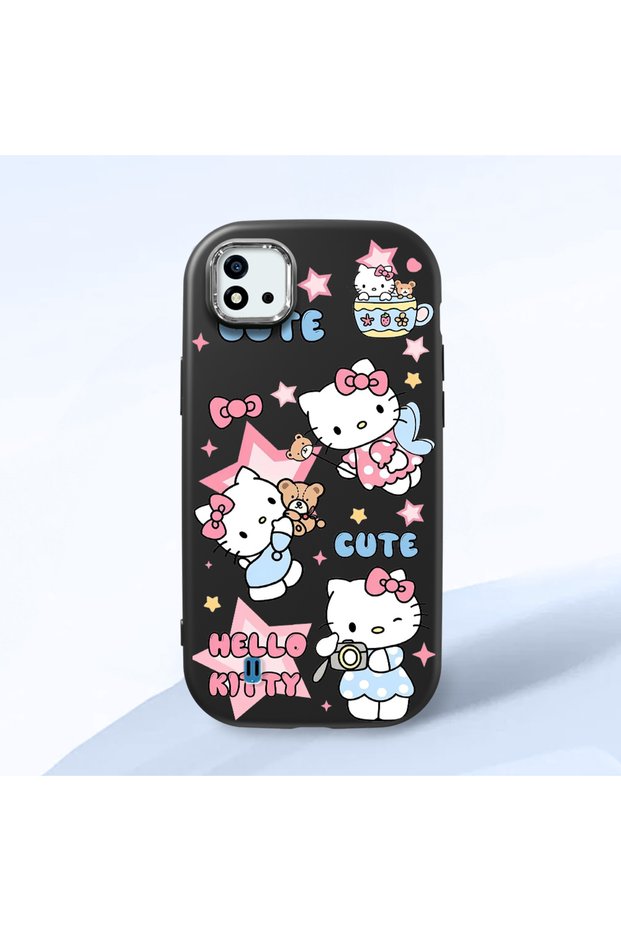 Realme C20 Compatible Case Camera Protector Black Silicone Couple Phone Case with Kitty Pattern