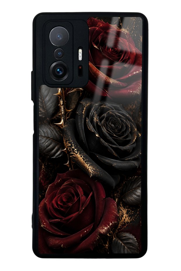 Xiaomi Mi 11t Obsidian Glossy Phone Case with Crimson Rose Design