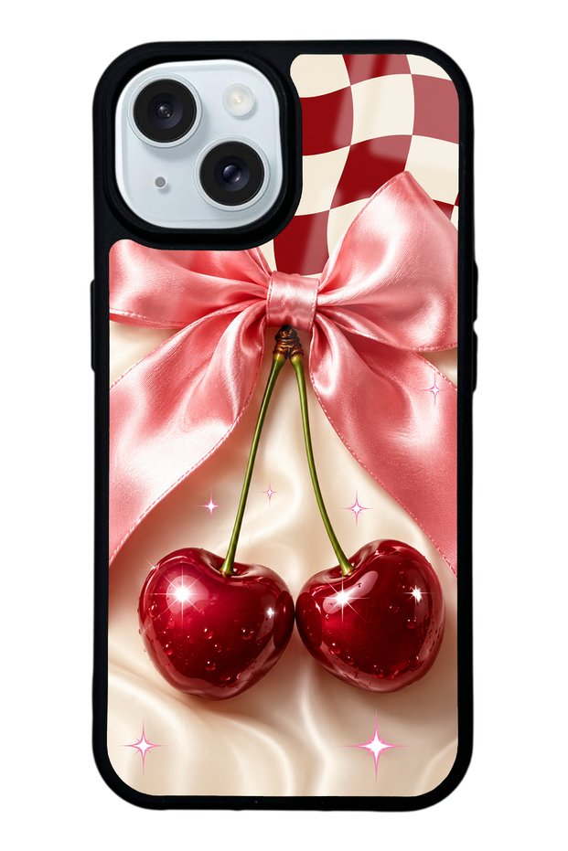 iPhone 15 Glossy Phone Case with Cherry Picnic Bow Design