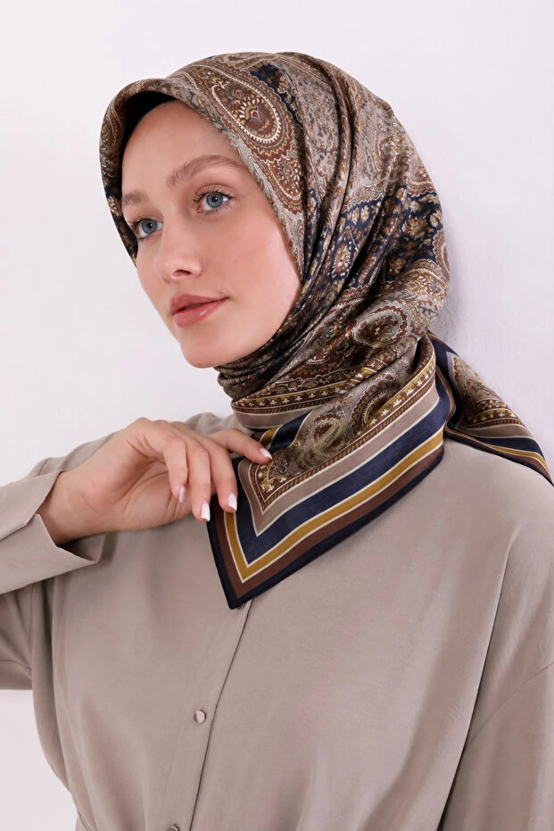 وشاح من القطن والحرير بنمط عرقي LS2205 05-مينك-أزرق داكن