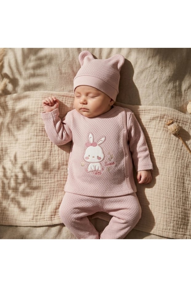 Mellow Bunny Cotton Textured 3-Piece Baby Set - Dried Rose Perforated Knitted Bodysuit, Bottoms with Booties and Hat Set