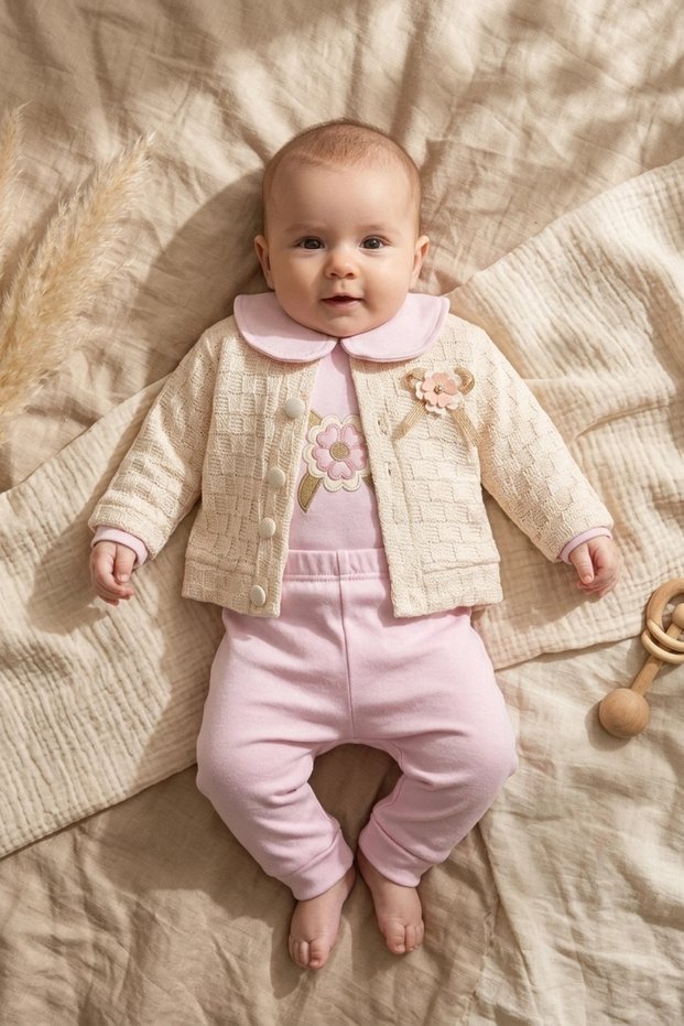 Flora Soft Touch Baby Girl 3-Piece Set - Jacquard Cardigan, Baby Collar Floral Embroidered Bodysuit and Pants Combination