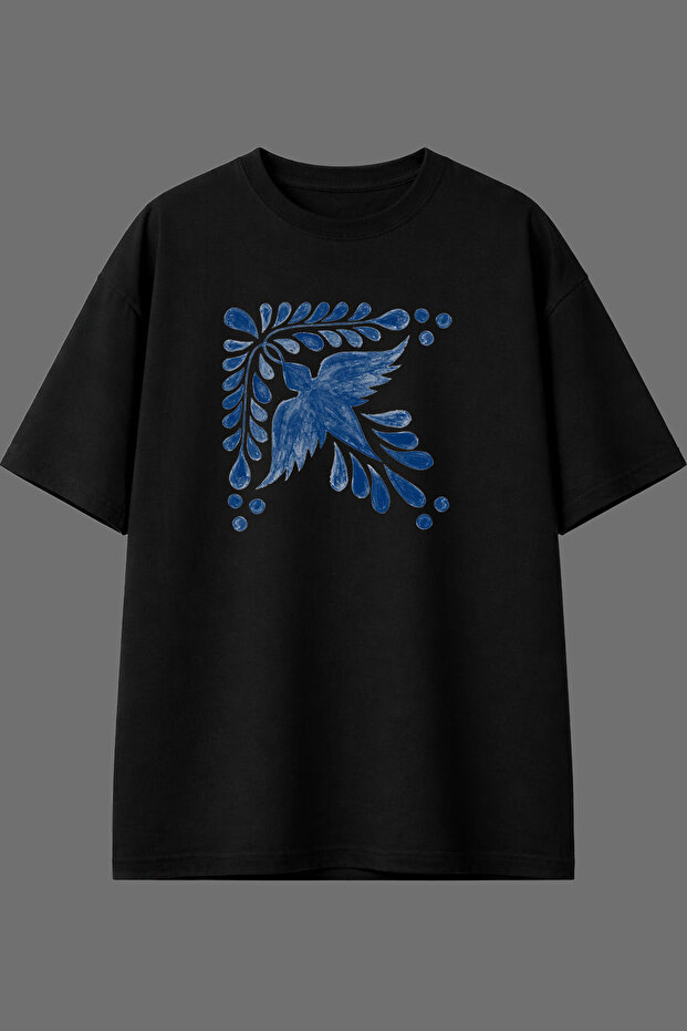 Blue Bird Design Pre-Printed Black Oversize T-Shirt
