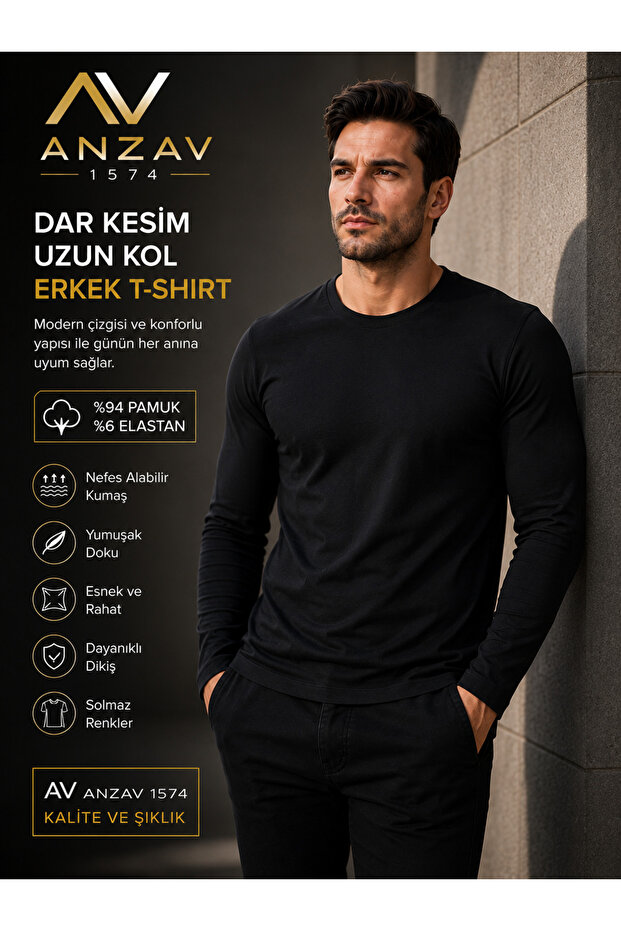 Men's Slim Fit Crew Neck Long Sleeve Basic T-Shirt 94% Cotton 6% Elastane