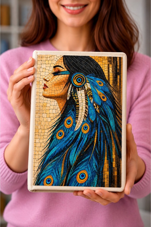 Artistic, Ethnic Mosaic-Looking, Mosaic Patterned, Peacock Figured, Special Design, 100% Cotton Book and Notebook Cover 23X31 cm