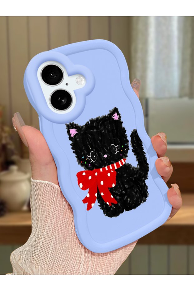 iPhone 16 Plus Compatible Case with Camera Protector Blue Silicone Couple Phone Case Cat Pattern