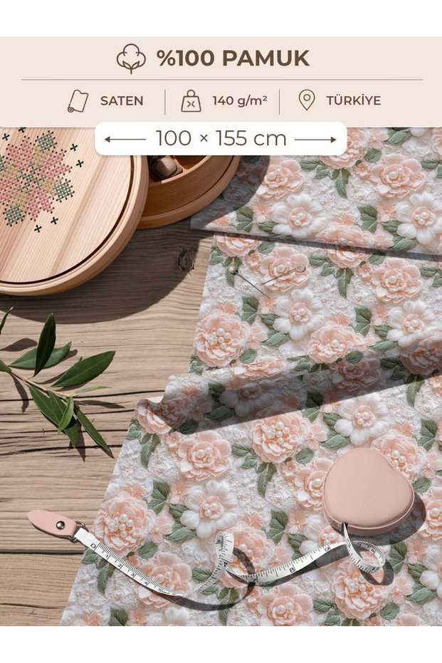 100% Cotton Satin Fabric Digital Printed Powder Flower and Pearl Pattern 100X155 cm for Sewing Patchwork and Hobby