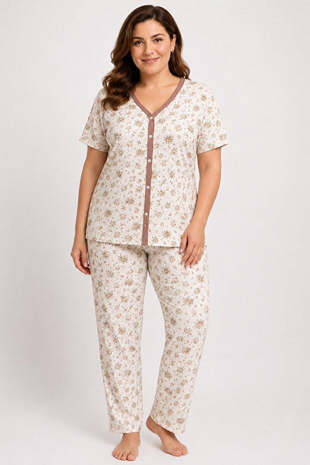Mother's Pajama Set, Front Buttoned, Piping Collar, Short Sleeves, 100% Cotton, Without Pockets, Brown Floral Pattern