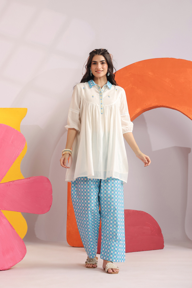 Cotton Mulmul Embroidered Co-ord Set with Farshi Salwar for Women – Indian Ethnic Kurta Set Daily Wear, Casual Wear, Office Wear