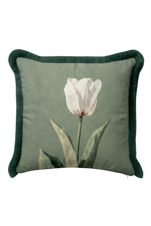 Elegant Tulip Pattern Floral Themed Fringed Pillowcase - Botanical Bohemian Black Tassel Throw Pillow Cover