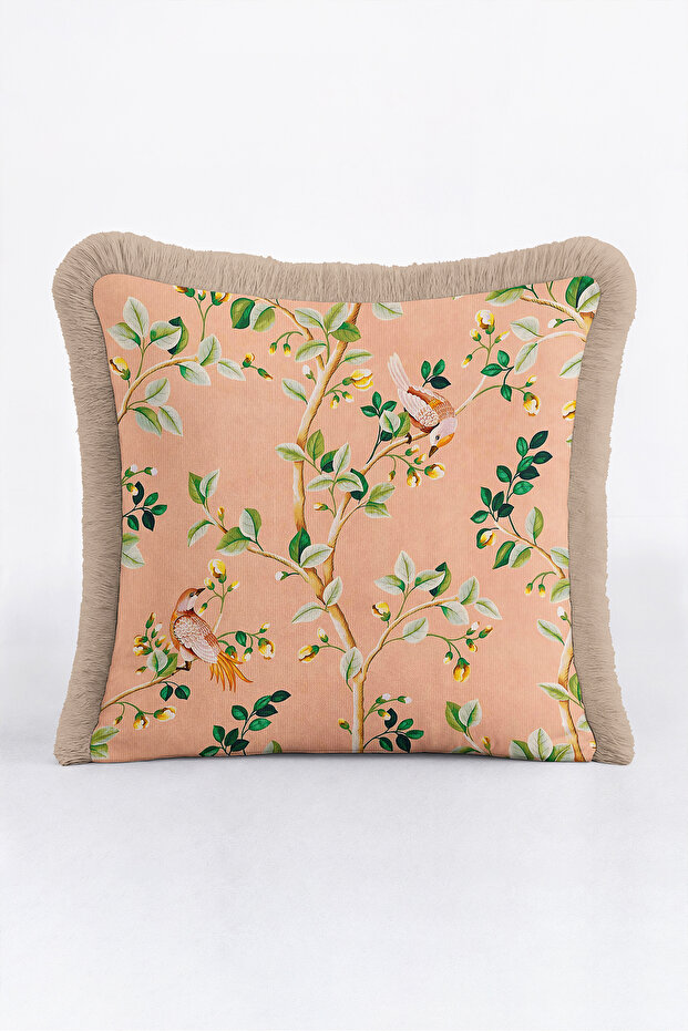 Exotic Bird Botanical Fringe Pillowcase - Elegant Spring Salmon Green Mink Tassel Throw Pillow Cover