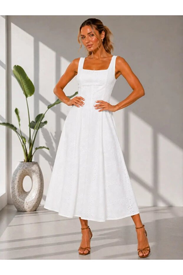 Women's Square Collar Viscon Lined Brode Midi Woven Dress 26109