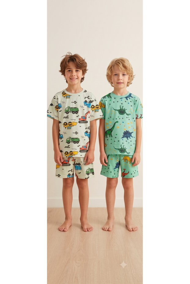 Boys' 100% Cotton Dinosaur and Construction Themed Shorts and T-Shirt Casual Set