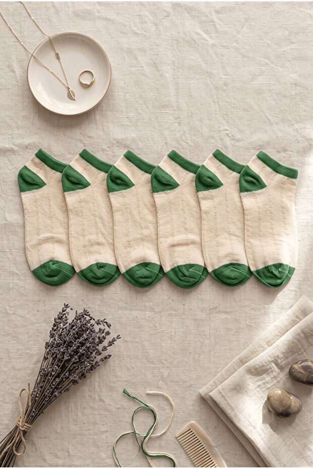 Women's Green Knitted Textured 6-Piece Booties Socks Set - Cotton Socks Below the Ankle