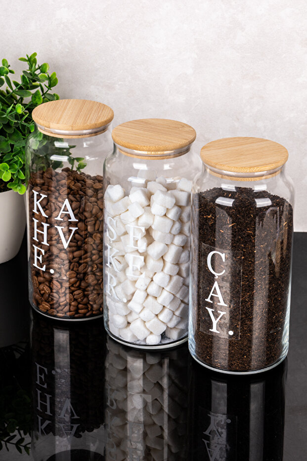 3-Piece Glass Jar Set 1300 ml Bamboo Lid Tea Sugar Coffee Salt Glass Storage Container with Labels