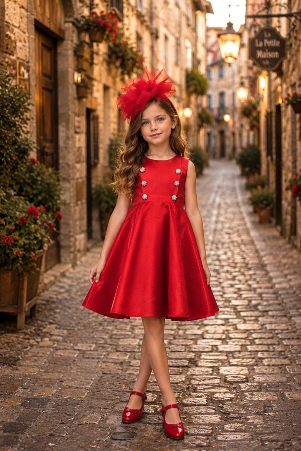 Buttoned, Accessorized, Girls' Evening Dress, Birthday and Party Dress