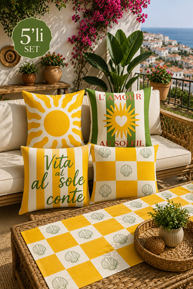 Mediterranean Themed 5-Piece Decorative Throw Pillow Cover and Runner Set – Yellow Green Digital Printed Modern Living Room & Balcony Set
