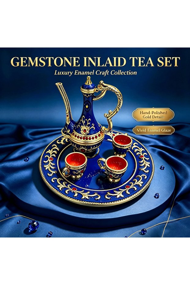 Vintage Enamel Gemstone Inlaid Mini Tea Pot Cup Tray Set, Oriental Arabian Tea Table Ornament Souvenir Gift D714
