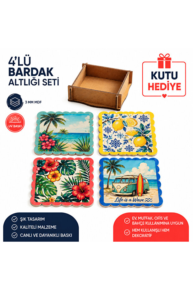 Set of 4 Summer Themed Mdf Coasters – 3 mm Uv Printed Decorative Wooden Coasters – Gift Boxed