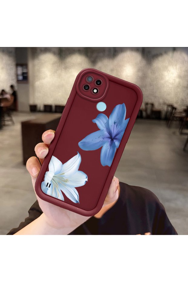 Realme C21 Compatible Case Camera Protector Claret Red Silicone Couple Phone Case Floral Pattern