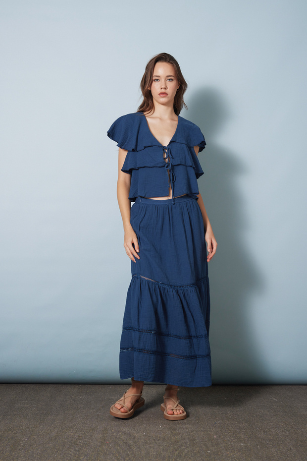 Cotton Long Skirt with Lace Detail