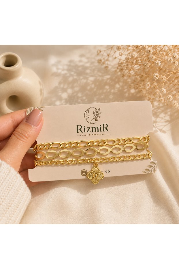 Clover Figured Gold Color Three Row Chain Bracelet