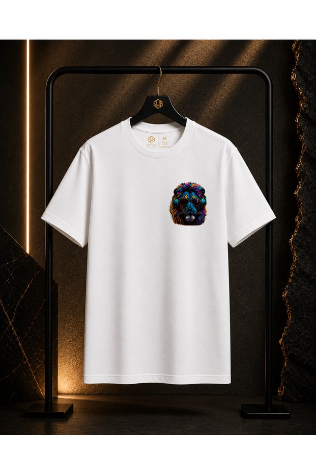 Unisex Colorful Lion Printed 100% Cotton Oversize Crew Neck Short Sleeve T-Shirt White