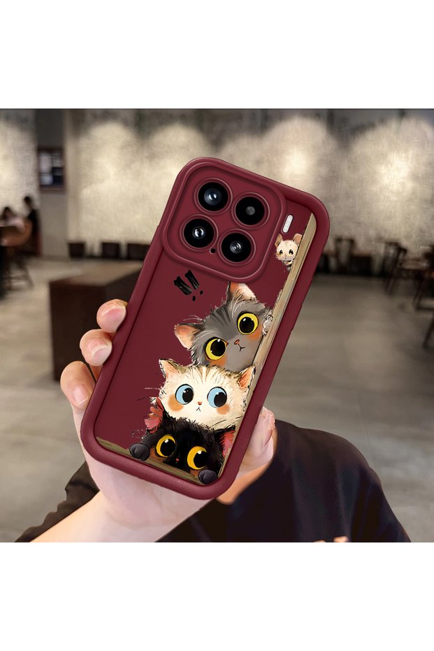 Mi 15 5g Compatible Case Camera Protector Burgundy Silicone Couple Phone Case Cat Pattern