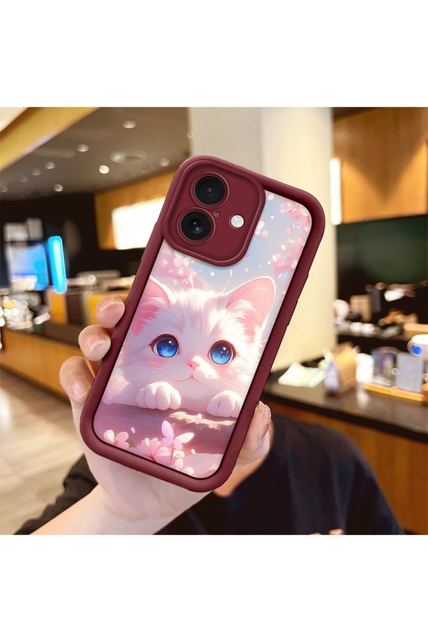 iPhone 16 Plus Compatible Case Camera Protector Burgundy Silicone Couple Phone Case Cat Pattern