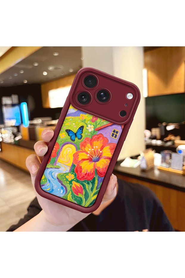 iPhone 17 Pro Max Compatible Case Camera Protector Burgundy Silicone Couple Phone Case Butterfly Pattern