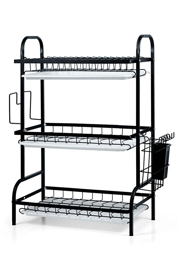 Beram Dish Drying Kitchen Rack, 3 Tier, Storage Organizer, Carbon Steel and Rust-Proof, with Drip Tray, Knife Holder, Cutting Board Holder, Black