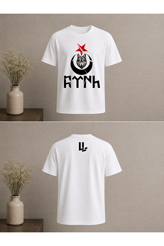 Moon, Star, Wolf and Turkish Text Design Printed Oversize T-Shirt