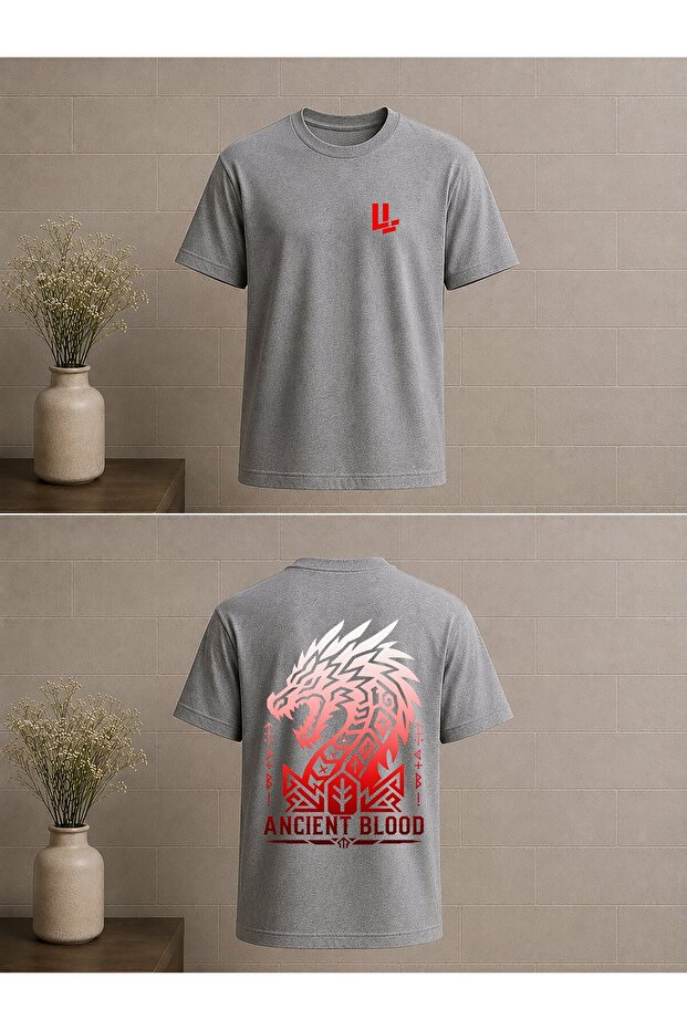 تي شيرت مطبوع بتصميم Dragon Ancient Blood Red مقاس كبير