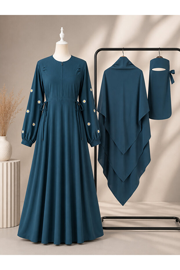 Jasmine Embroidered 3-Piece Hijab Set Medina Silk Fabric Ferace Shawl and Veil