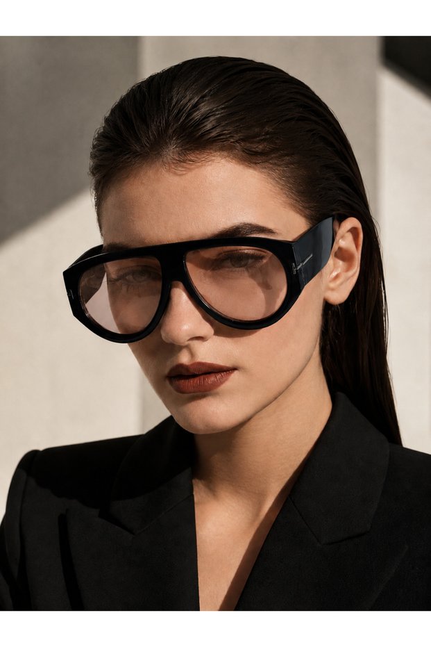 Women's Black Oversize Pilot Sunglasses Uv400 Protection Brown Transparent Lenses Large Frame T-Detail Luxury Italian Inspired Retro Vintage Stylish Design Daily Use Trendy Fashion Accessory Stylish Model