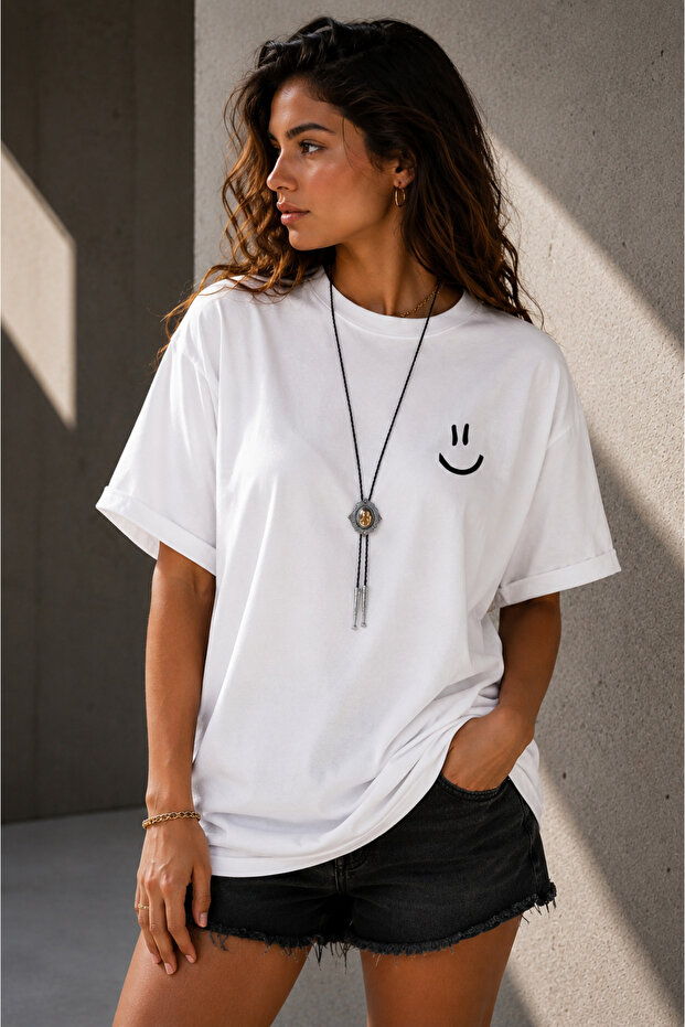 Unisex Large Size Smile Emoji Printed Cotton Crew Neck Short Sleeve 100% Cotton Oversize Tshirt