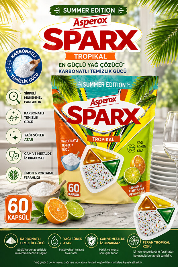 Asperox Sparx Tropical Dishwasher Capsule 60-Pack – Powerful Carbonated Degreaser, Citrus Freshness, Summer Edition