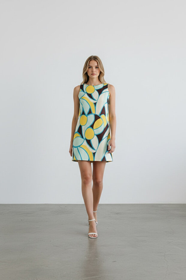 Women's Patterned Crew Neck Mini Dress