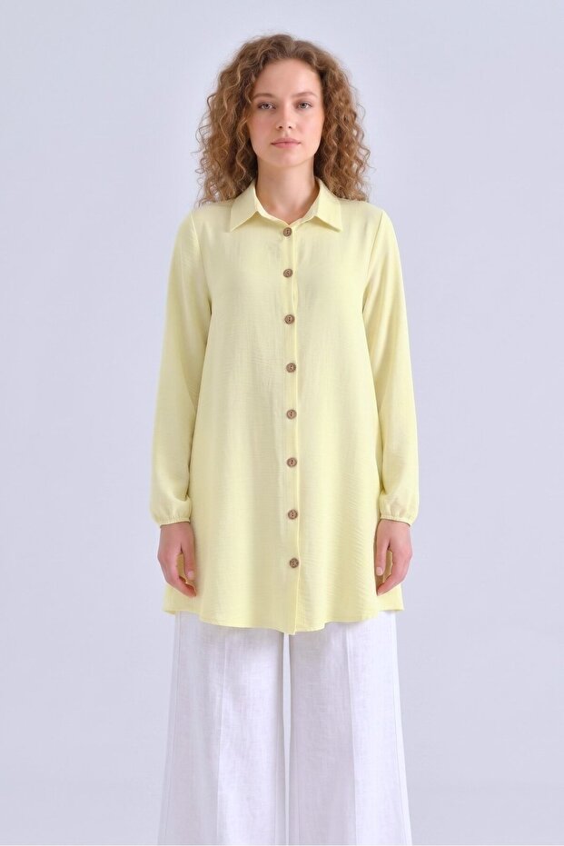 Women's Shirt Collar Wooden Buttoned Collage Elastic Aerobin Woven Tunic - Regular Fit