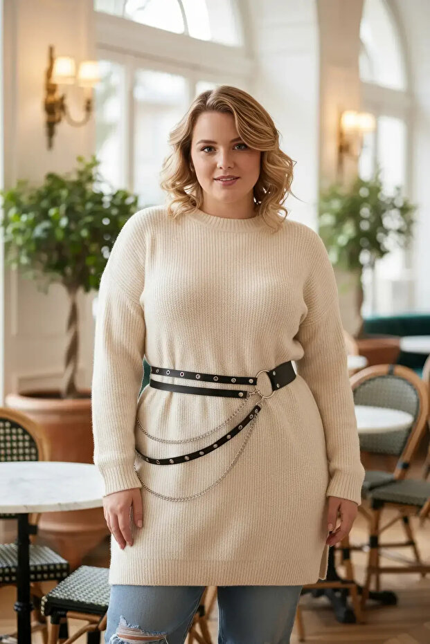 Plus Size Black Women's Belt with Chain Detail and Double Row Ring Combination Belt