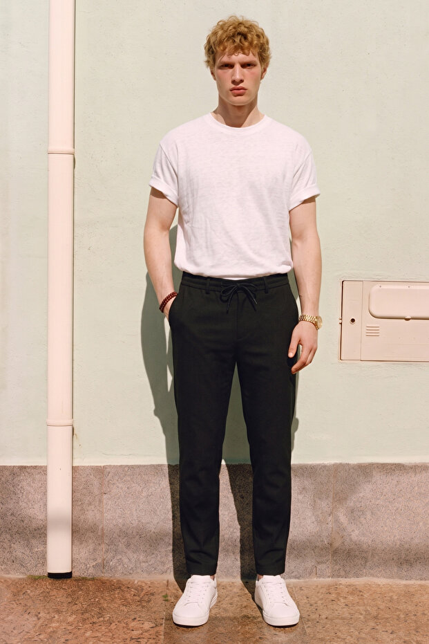 Men's Elastic Waist Tie-Up Pants - Black