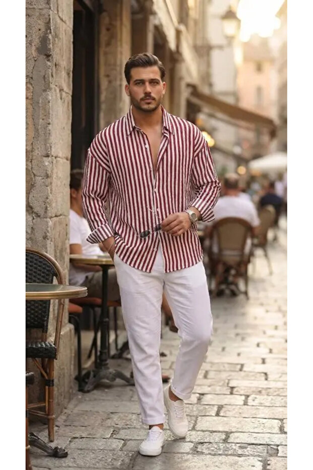 قميص رجالي عمودي مقاس مخطط نصف كبير الحجم