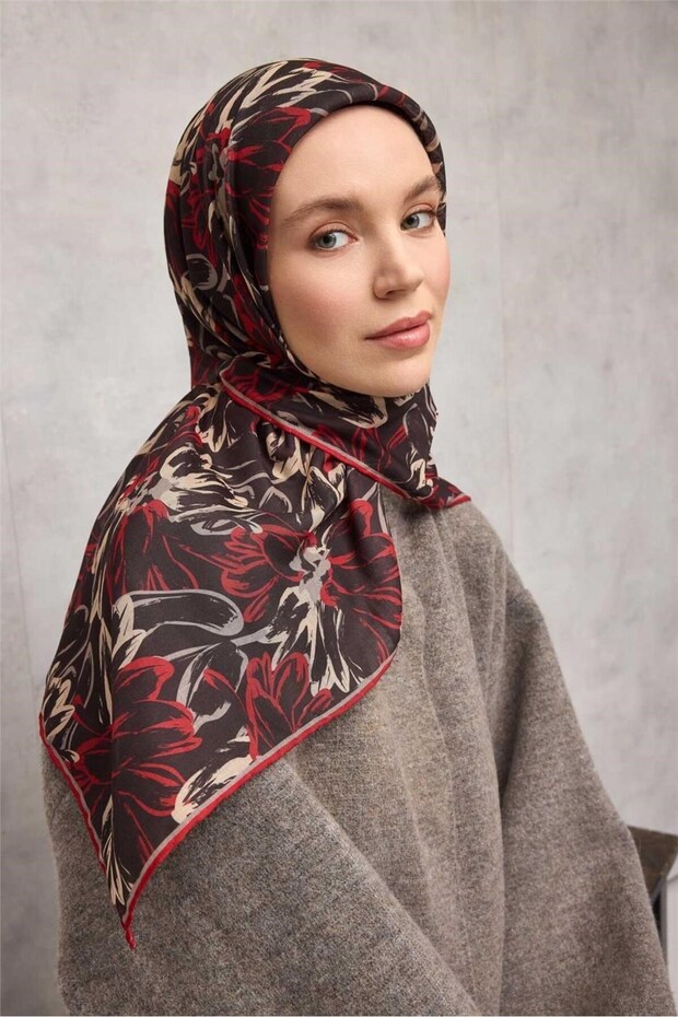 Cotton Polyester Scarf Black-Red Beige Mink Botanical Patterned Soft Textured Sturdy 90X90